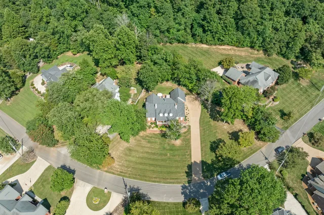 an aerial view of residential houses with outdoor space and trees