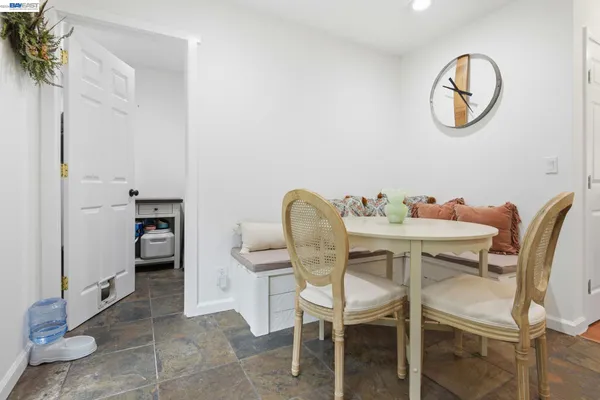 a view of a dining room with furniture