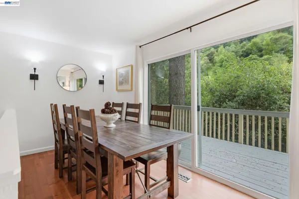 a view of a dining room with furniture window and wooden floor