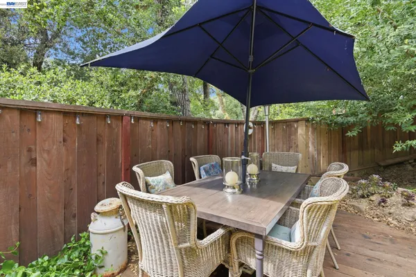 a table and chairs with the umbrella in the patio