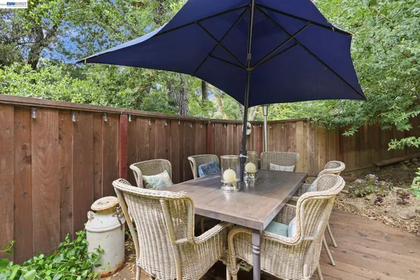 a table and chairs with the umbrella in patio