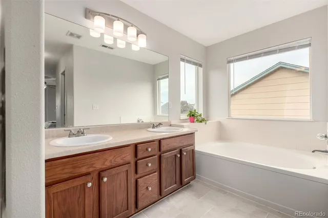a bathroom with a tub a sink double vanity and a mirror