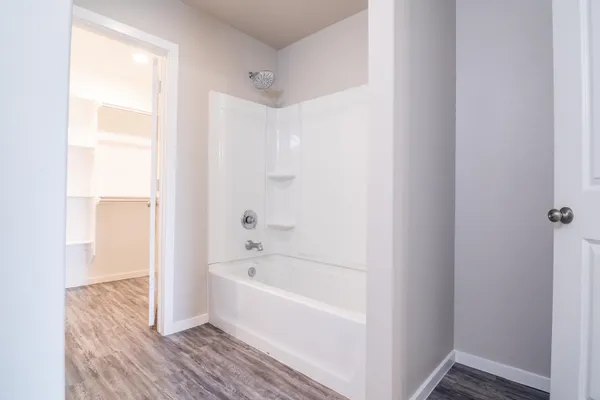 a bathroom with a bathtub and shower