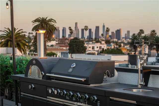 a view of a terrace with potted plants and palm trees