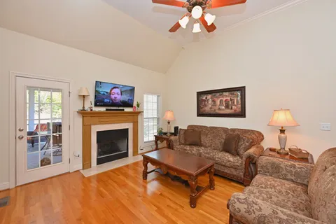 a living room with furniture a chandelier and a fireplace