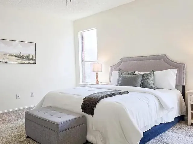 a bedroom with a bed and a couch