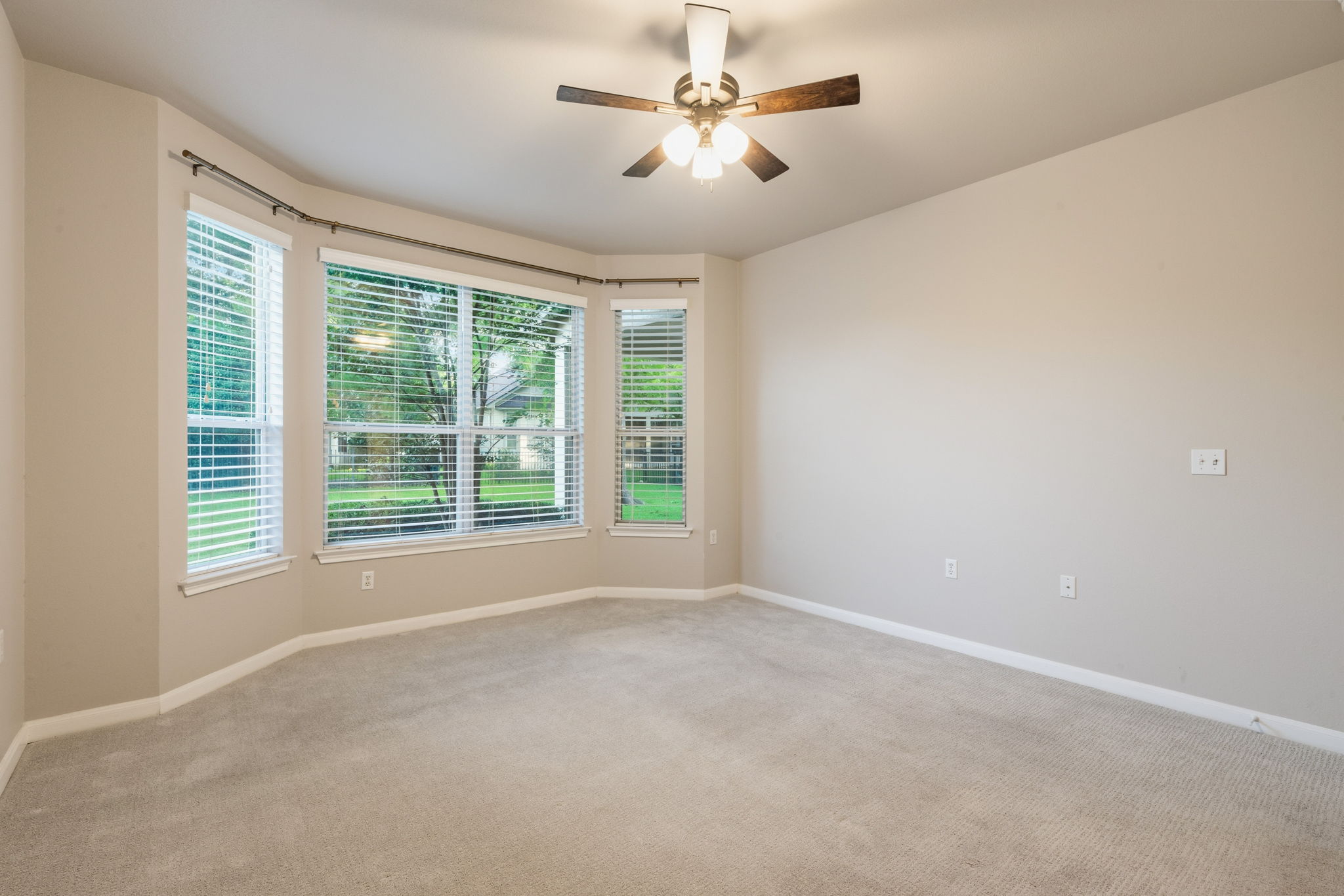 137 Trail Rider Way Georgetown, TX 78633 - Photo 10 of 29 A quiet space with soft carpeting, large bay windows inviting natural light and garden views, illuminated by a ceiling fan.