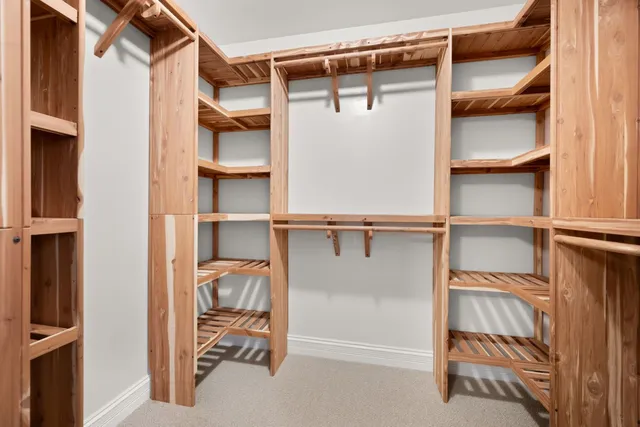 a view of walk in closet with empty racks