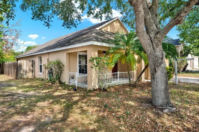 a view of a house with backyard and a tree