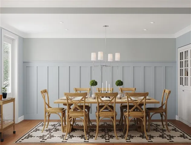 a view of a dining room with furniture