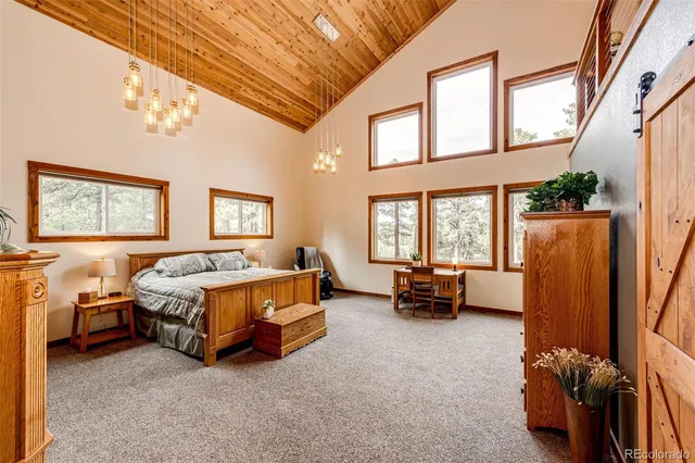 a spacious bedroom with a bed and a chandelier