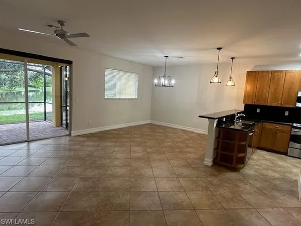 a room with a chandelier