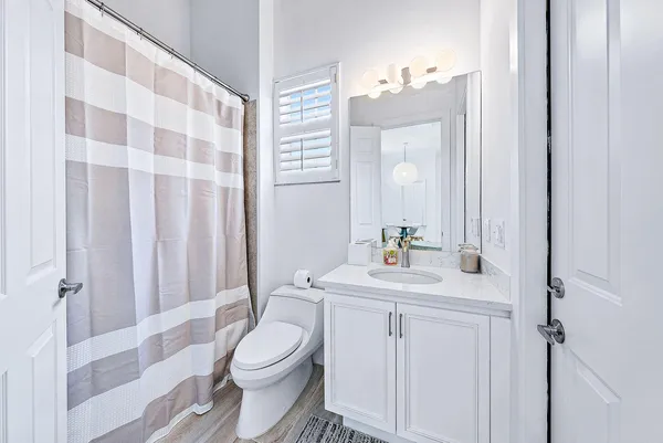 a bathroom with a sink a toilet a mirror and shower curtain
