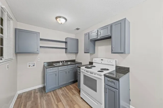 a kitchen with stainless steel appliances granite countertop a stove and a sink