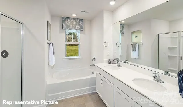 a bathroom with a tub sink and mirror