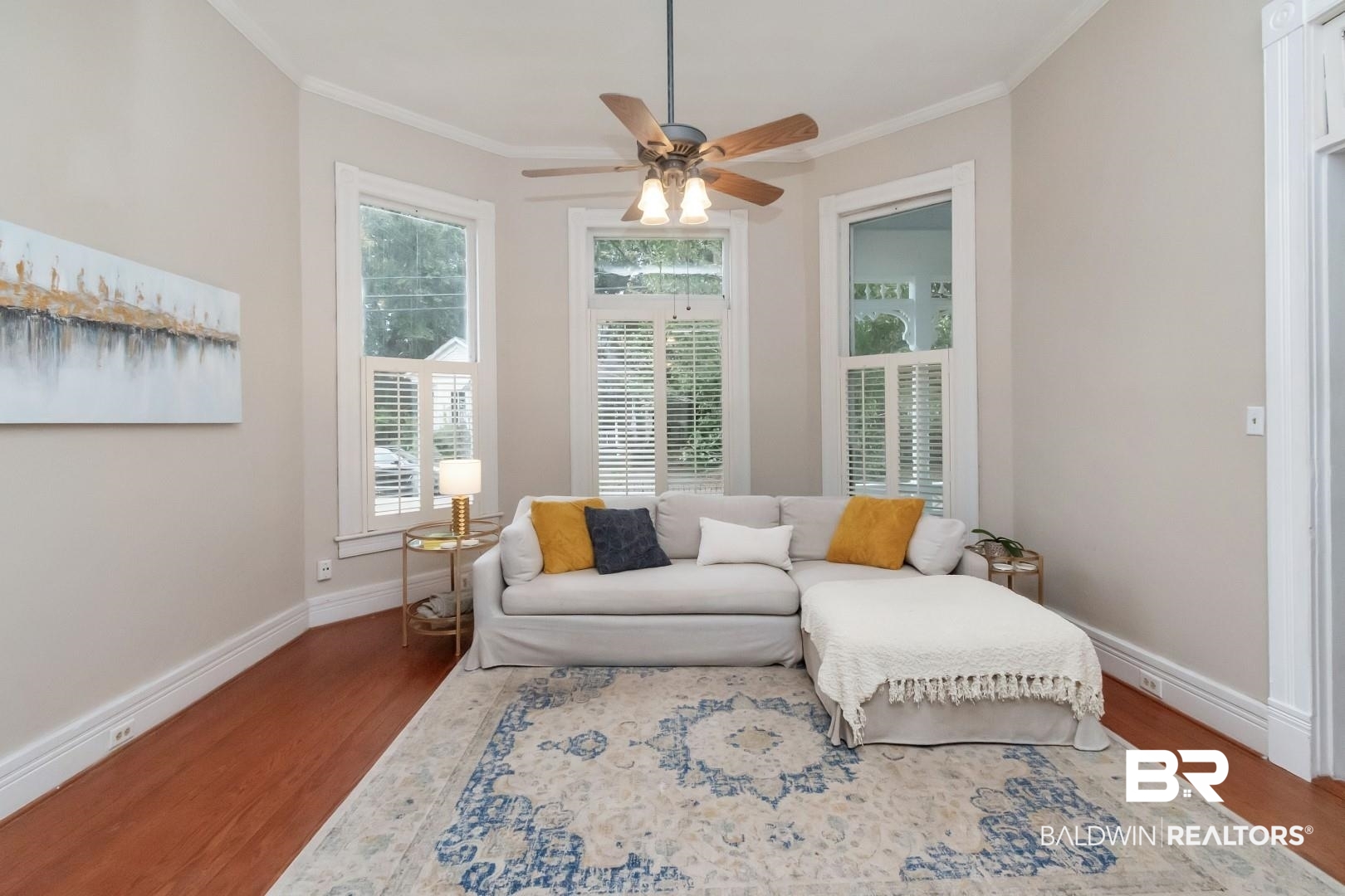 1305 Brown Street Mobile, AL 36604 - Photo 8 of 37 Living room featuring ornamental molding, hardwood / wood-style floors, and ceiling fan