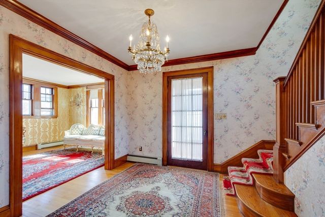 a living room with a chandelier