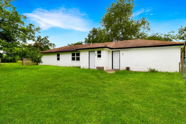 a view of a backyard with plants and large trees