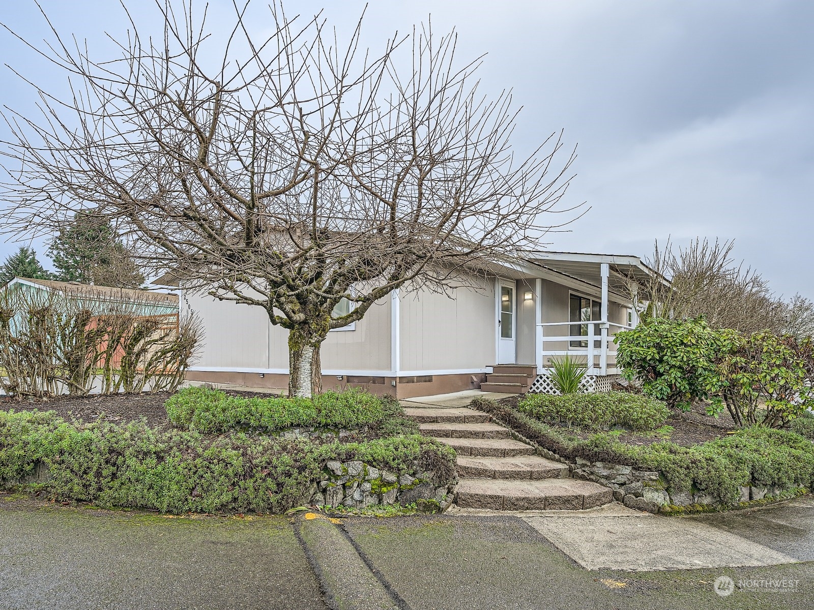 front view of a house with a trees