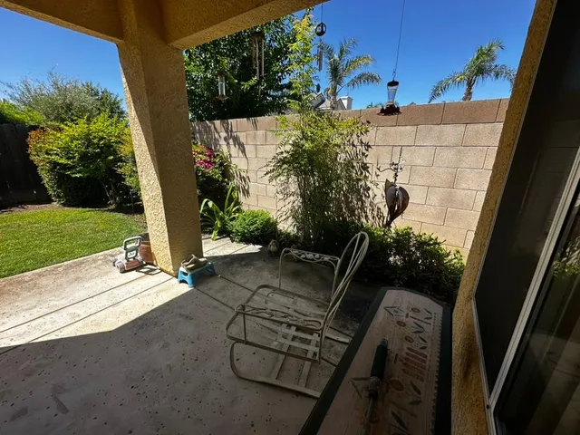 a view of a porch with plants and garden