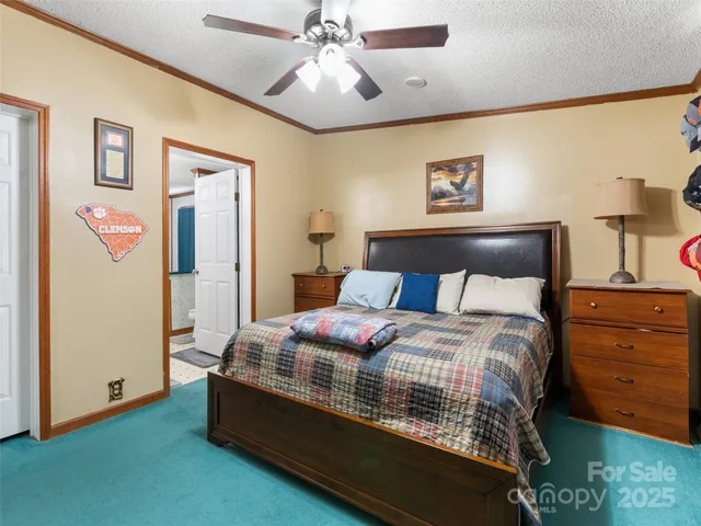 a bedroom with bed and a chandelier