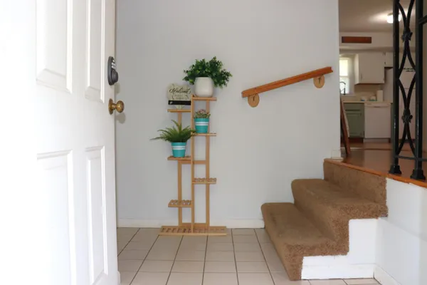 a living room with furniture and a potted plant