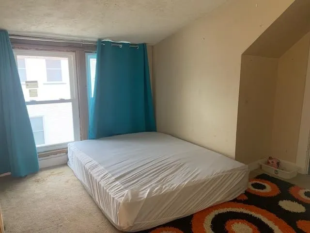 a bedroom with a bed and large windows