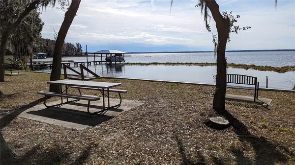a view of a lake with boats and trees