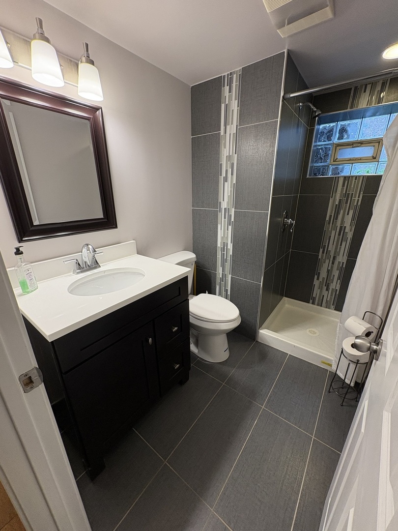 3528 North Neva Avenue Chicago, IL 60634 - Photo 30 of 37 a bathroom with a double vanity sink toilet and mirror