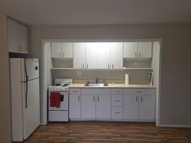 a kitchen with a sink cabinets and wooden floor
