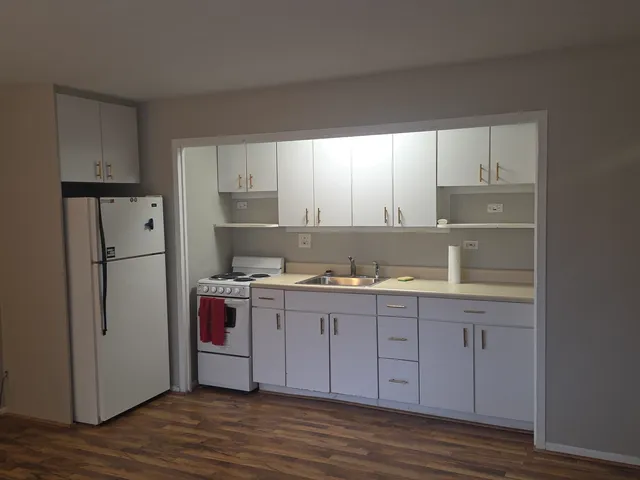 a kitchen with a sink cabinets and wooden floor