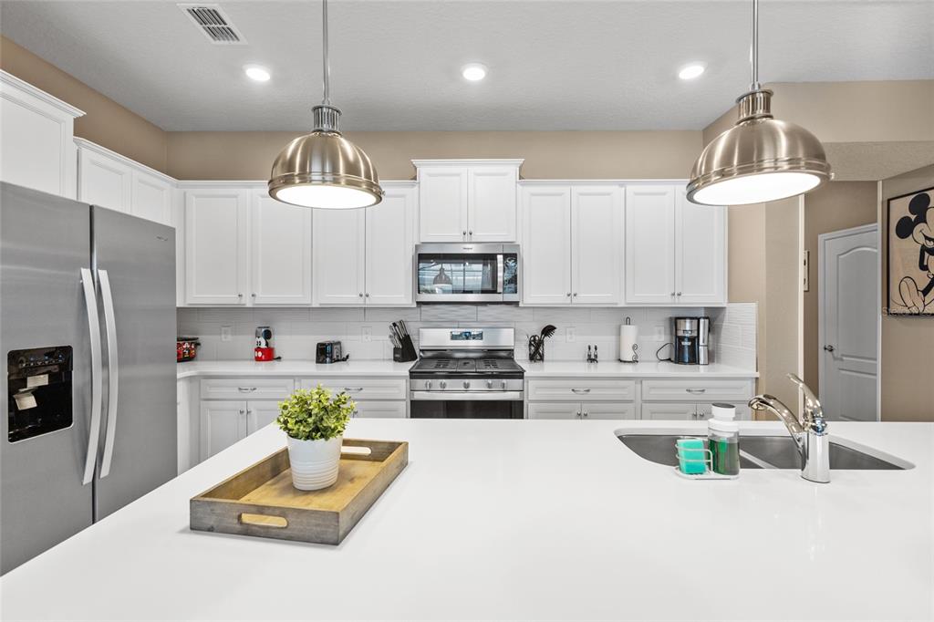 7160 Oakmoss Loop Davenport, FL 33837 - Photo 5 of 45 a kitchen with stainless steel appliances granite countertop a sink dishwasher a refrigerator a microwave oven a stove and white cabinets with wooden floor