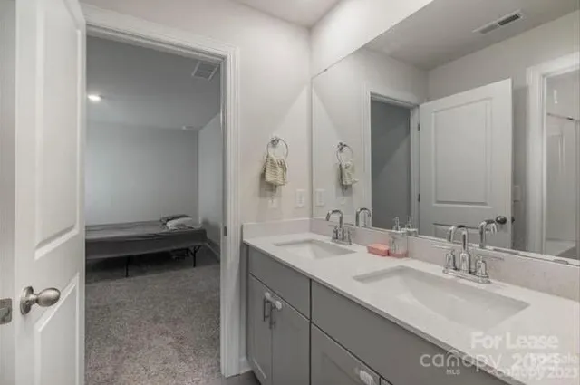 a bathroom with a sink double vanity and a mirror