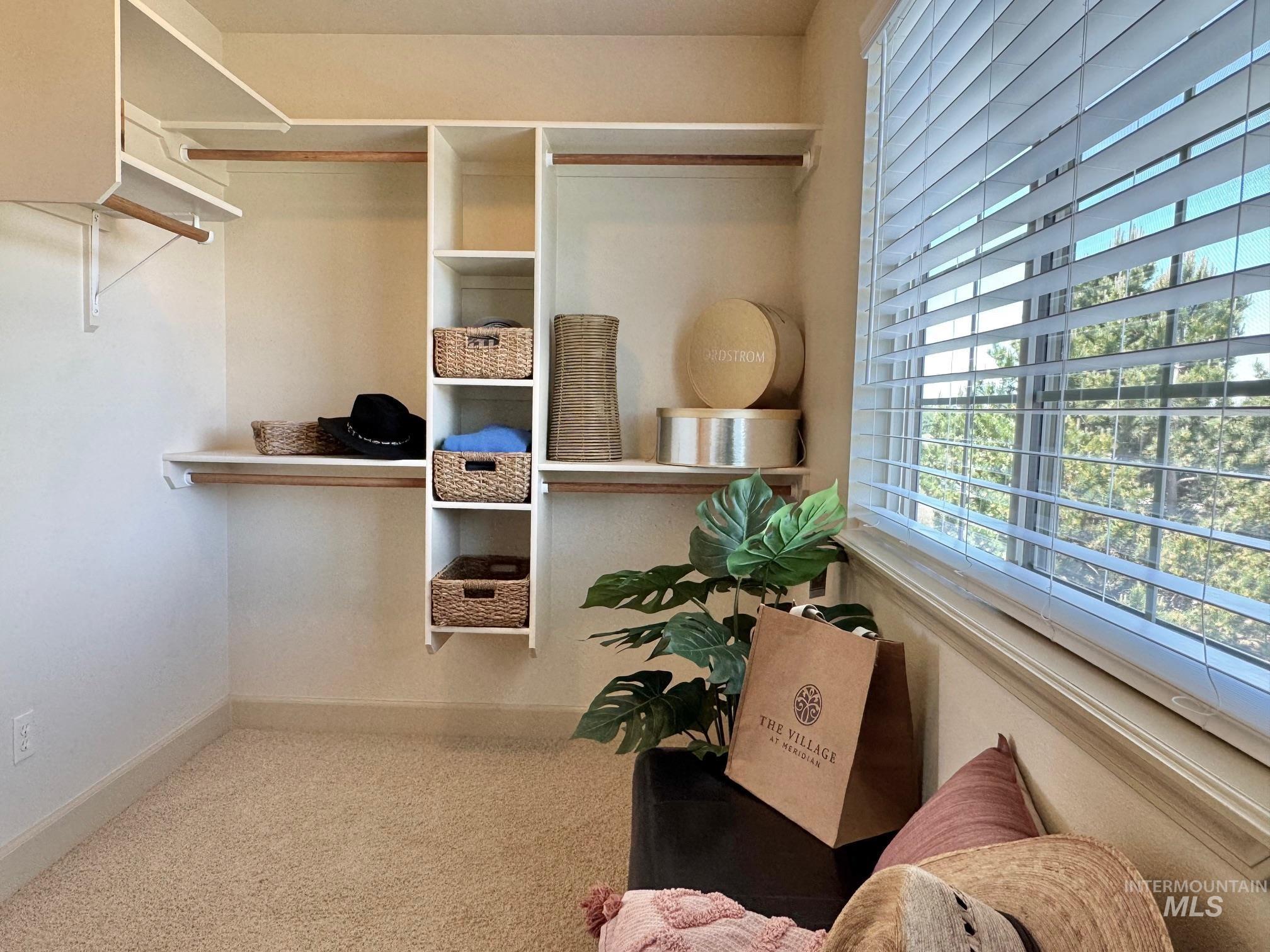 9299 Kemp Road Middleton, ID 83644 - Photo 28 of 50 Built-in closet system featuring multiple shelves and hanging rods, neutral carpeting, and a window with horizontal blinds