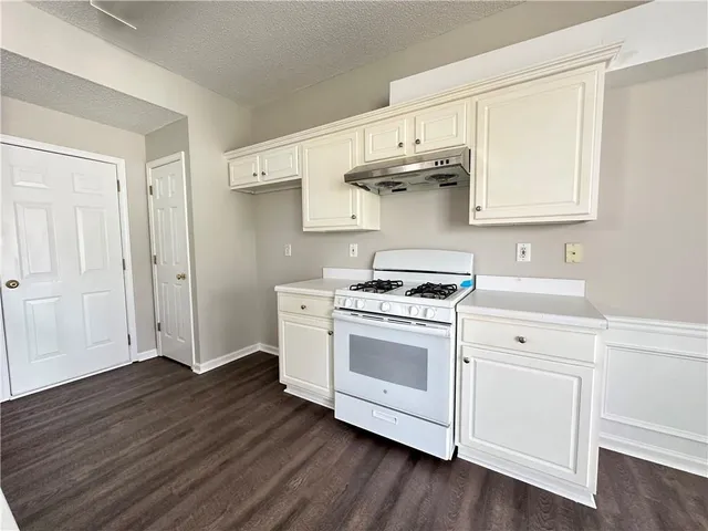 a kitchen with cabinets wooden floor and stainless steel appliances