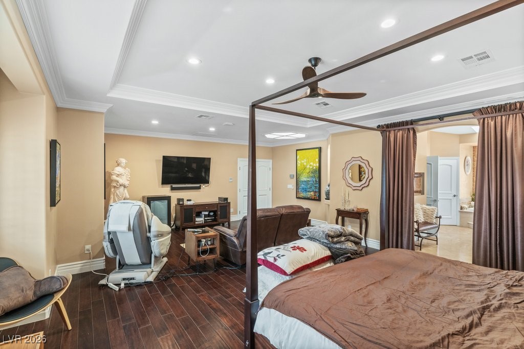 7 Larkside Court Henderson, NV 89014 - Photo 29 of 70 Bedroom with recessed lighting, wood tiled floors, and ornamental molding