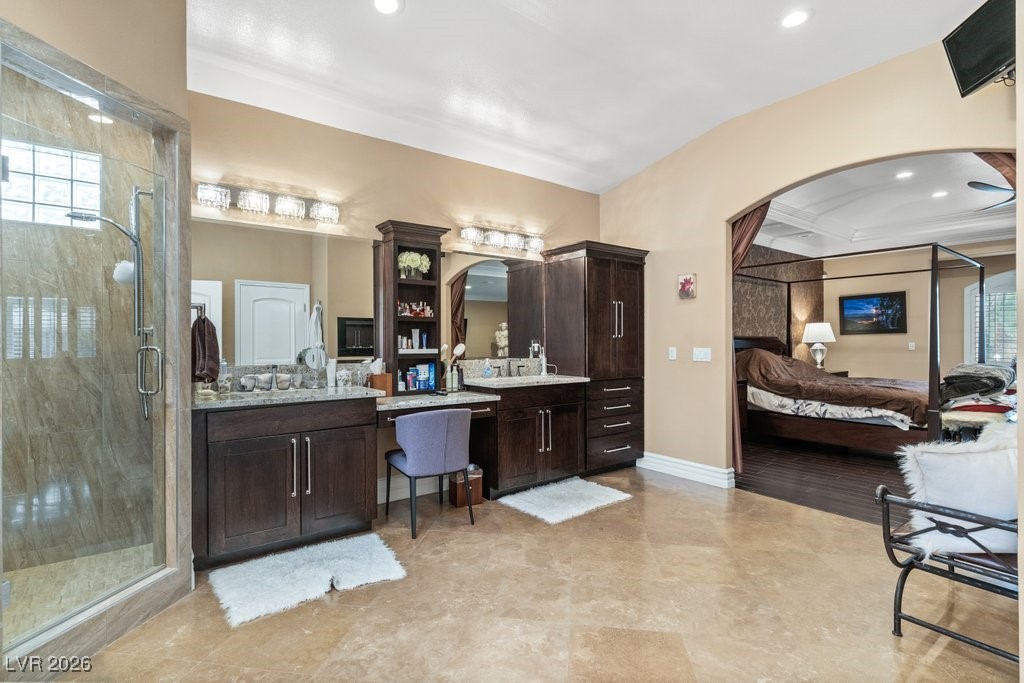 7 Larkside Court Henderson, NV 89014 - Photo 32 of 70 Ensuite bathroom with vanity, a shower stall, and recessed lighting