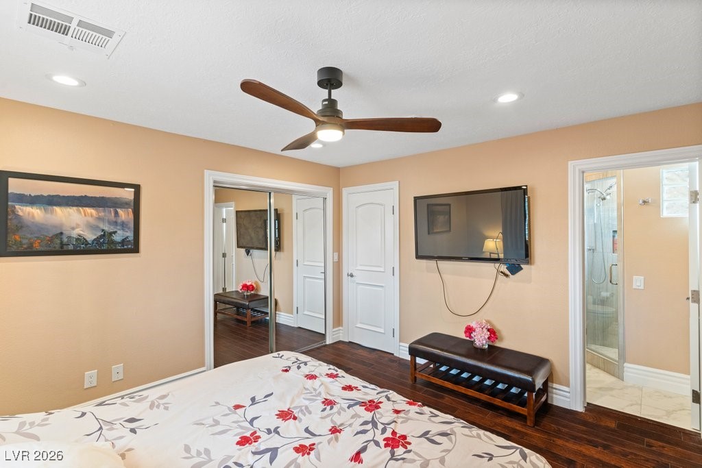 7 Larkside Court Henderson, NV 89014 - Photo 41 of 70 Bedroom featuring dark wood-style floors, ceiling fan, a closet, and recessed lighting