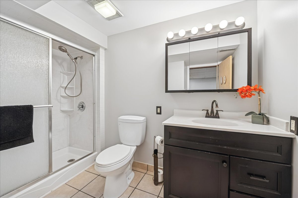 305 Pearl Street Cary, IL 60013 - Photo 17 of 25 a bathroom with a toilet a sink a glass door a shower a mirror and vanity