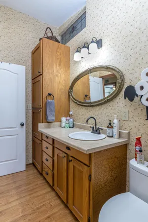 a bathroom with a sink a toilet and a mirror