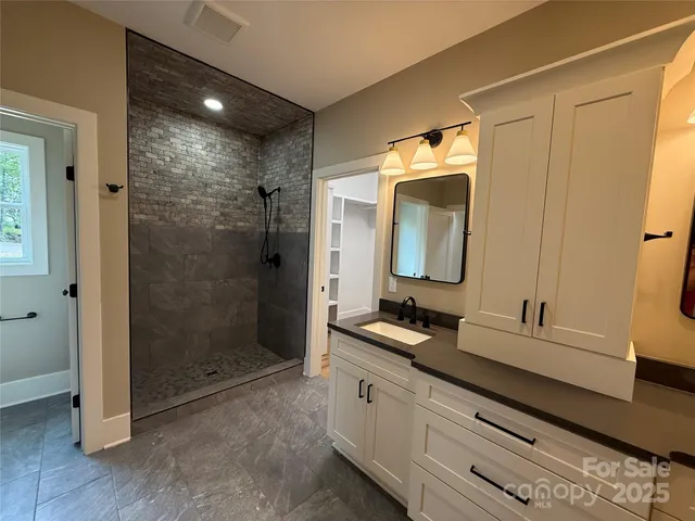 a bathroom with a double vanity sink mirror and shower