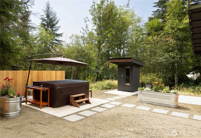 a backyard of a house with table and chairs