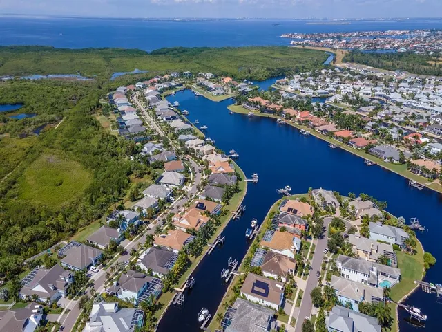 an aerial view of residential house with outdoor space and swimming pool