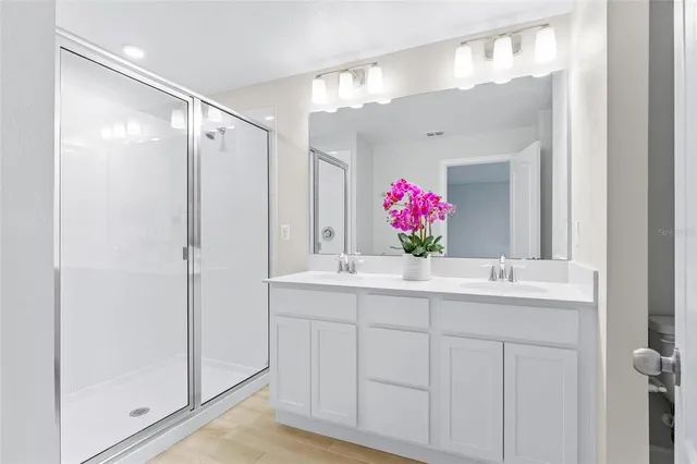 a bathroom with a sink vanity and a mirror