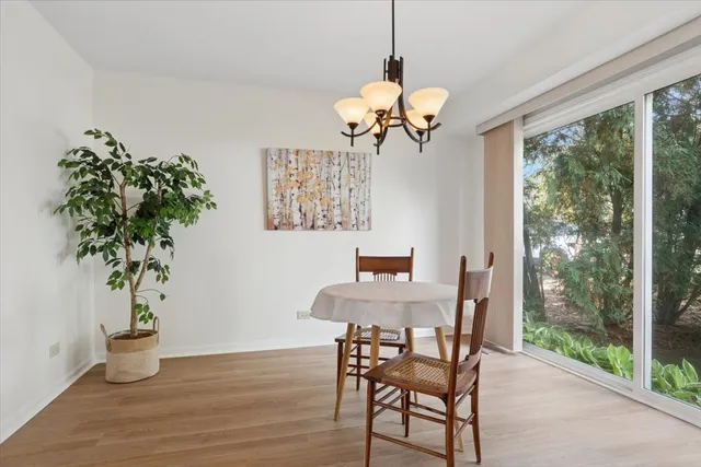 a view of a dining room with furniture window and chandelier
