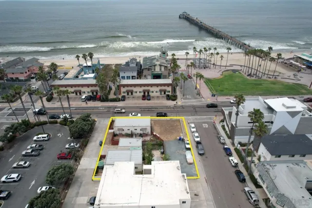 an aerial view of a swimming pool