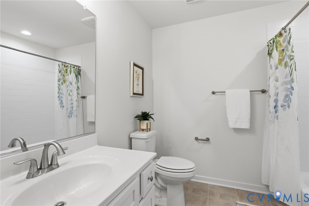 2460 Ballsville Road Powhatan, VA 23139 - Photo 18 of 28 a bathroom with a sink a toilet and shower curtain