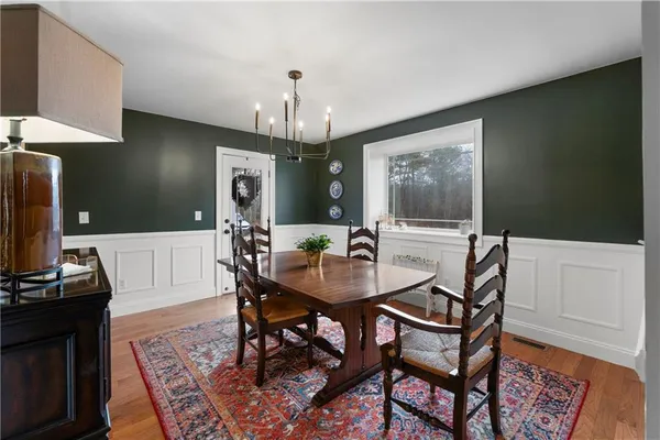 a view of a dining room with furniture