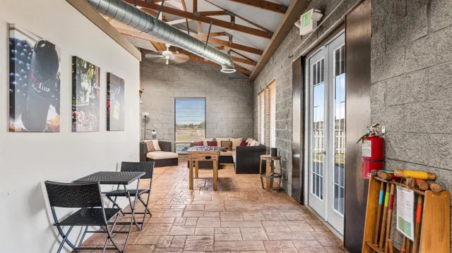 a lobby with furniture