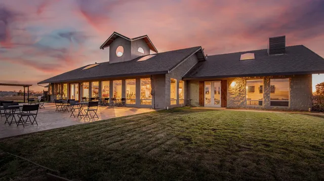 an outdoor space with furniture